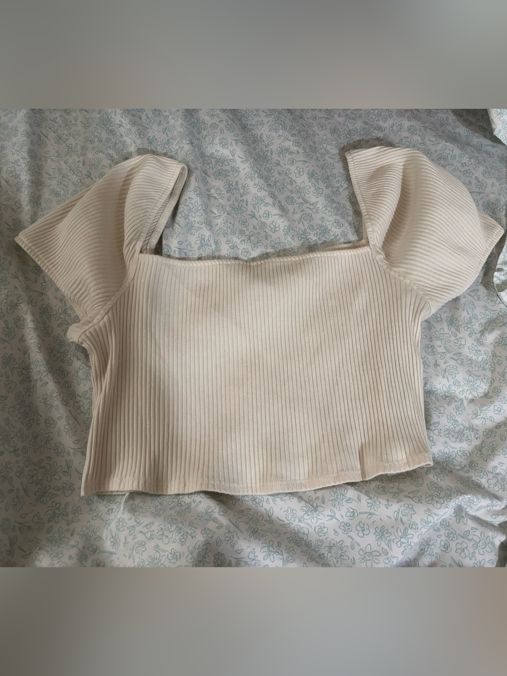 H&M Cream Ribbed Off-Shoulder Puff-Sleeve Sweater